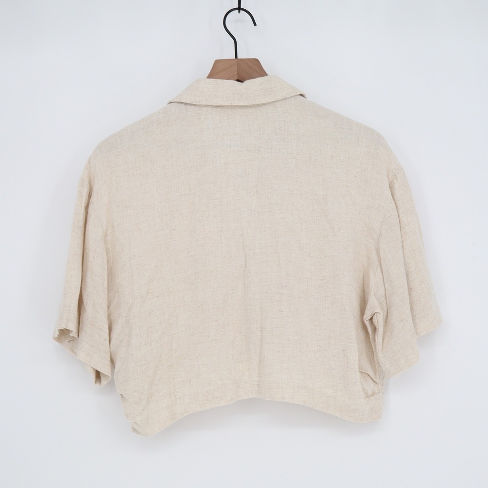 STIL Collection Oatmeal Cotton Linen Cropped Button Down Shirt Large - Picture 5 of 6